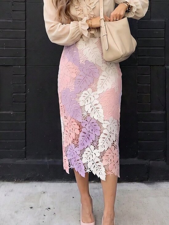 Dresses & Skirts - Pink Elegant Women's Floral Contrast Color Hollow Embroidered Skirt